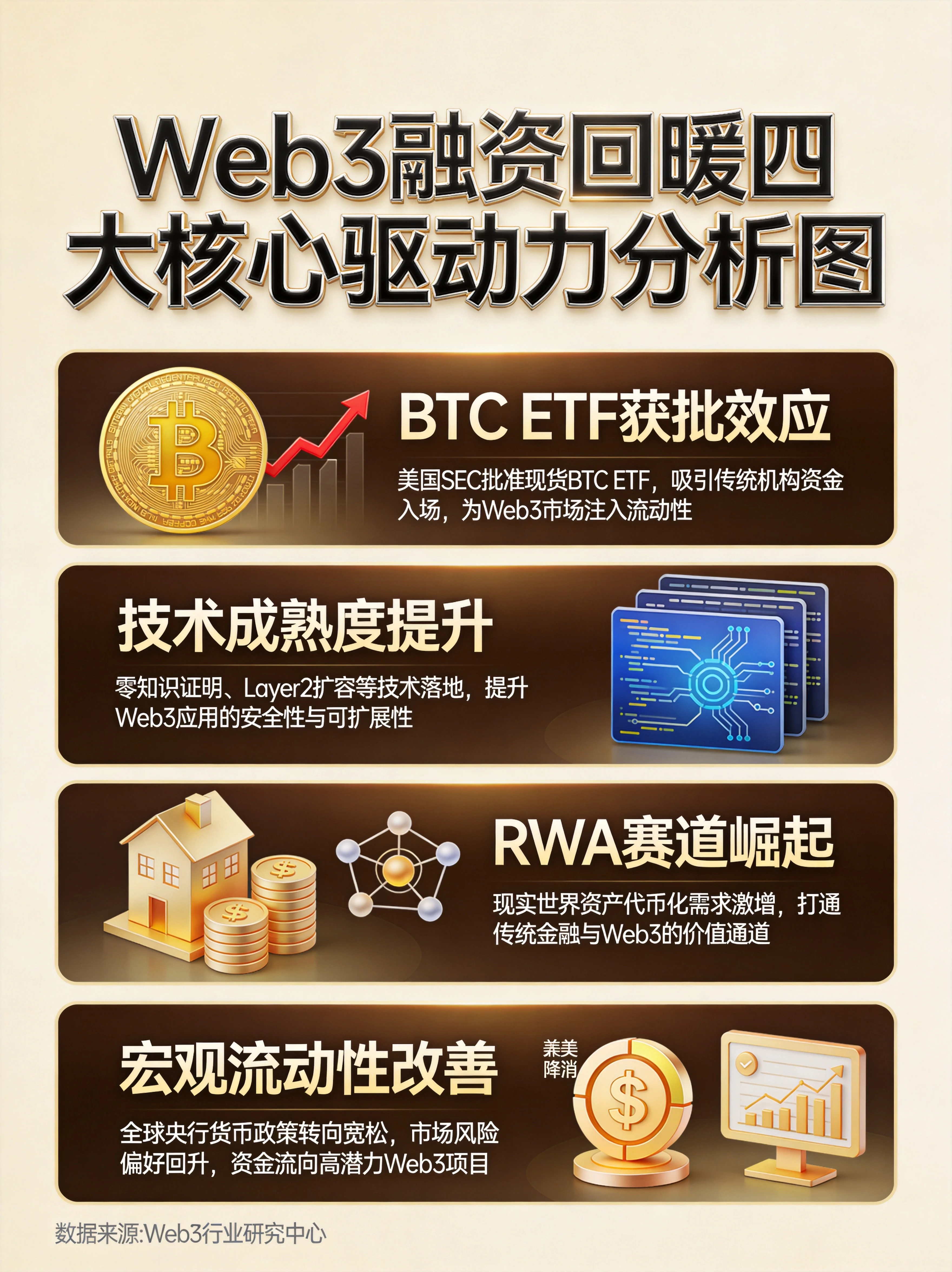 Web3融资回暖四大核心驱动力分析图，BTC ETF获批效应、技术成熟度提升、RWA赛道崛起、宏观流动性改善四大维度