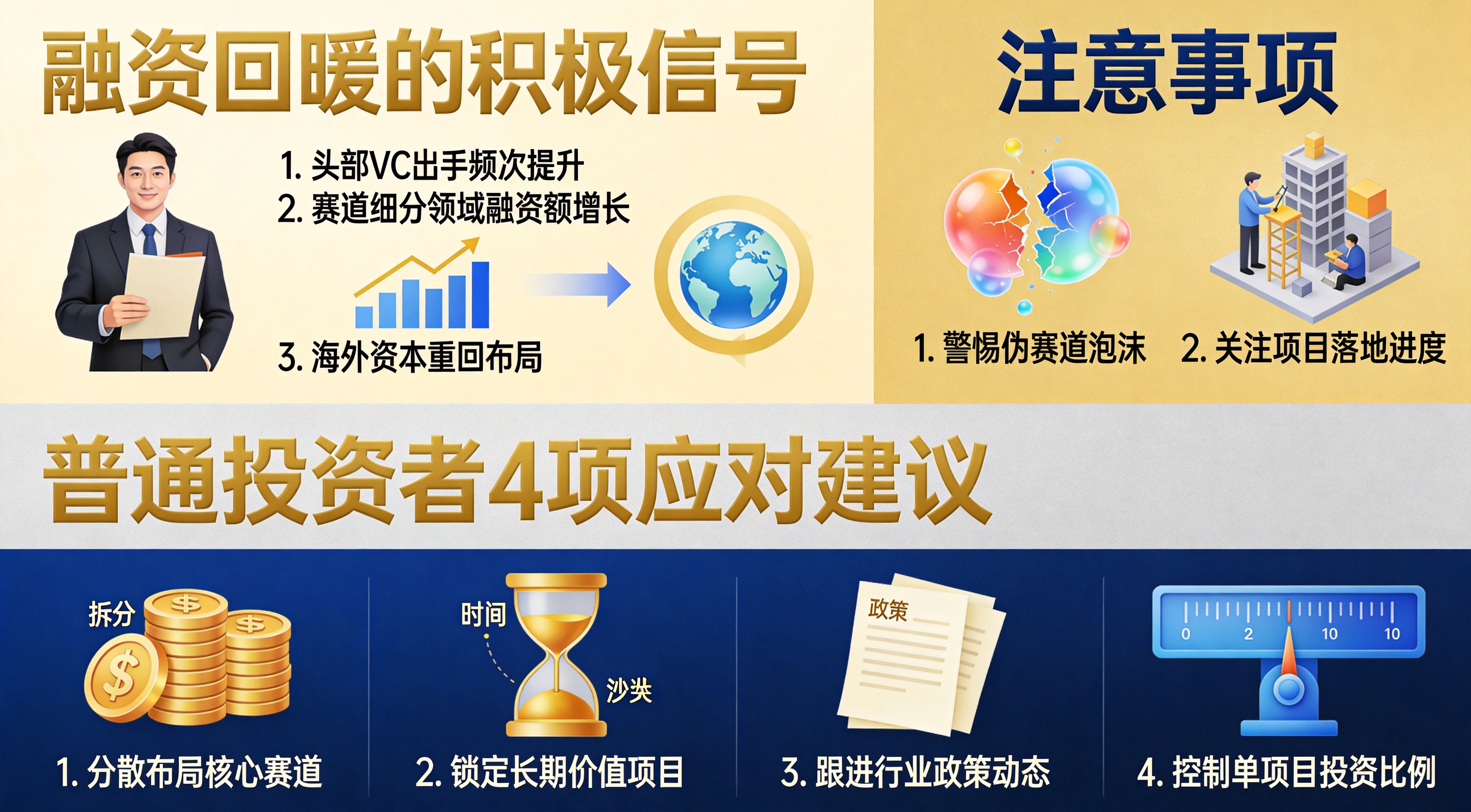 Web3融资信号解读与投资者操作清单图，上半部分列出融资回暖的积极信号与注意事项，下半部分给出普通投资者4项应对建议，金蓝专业信息图风格