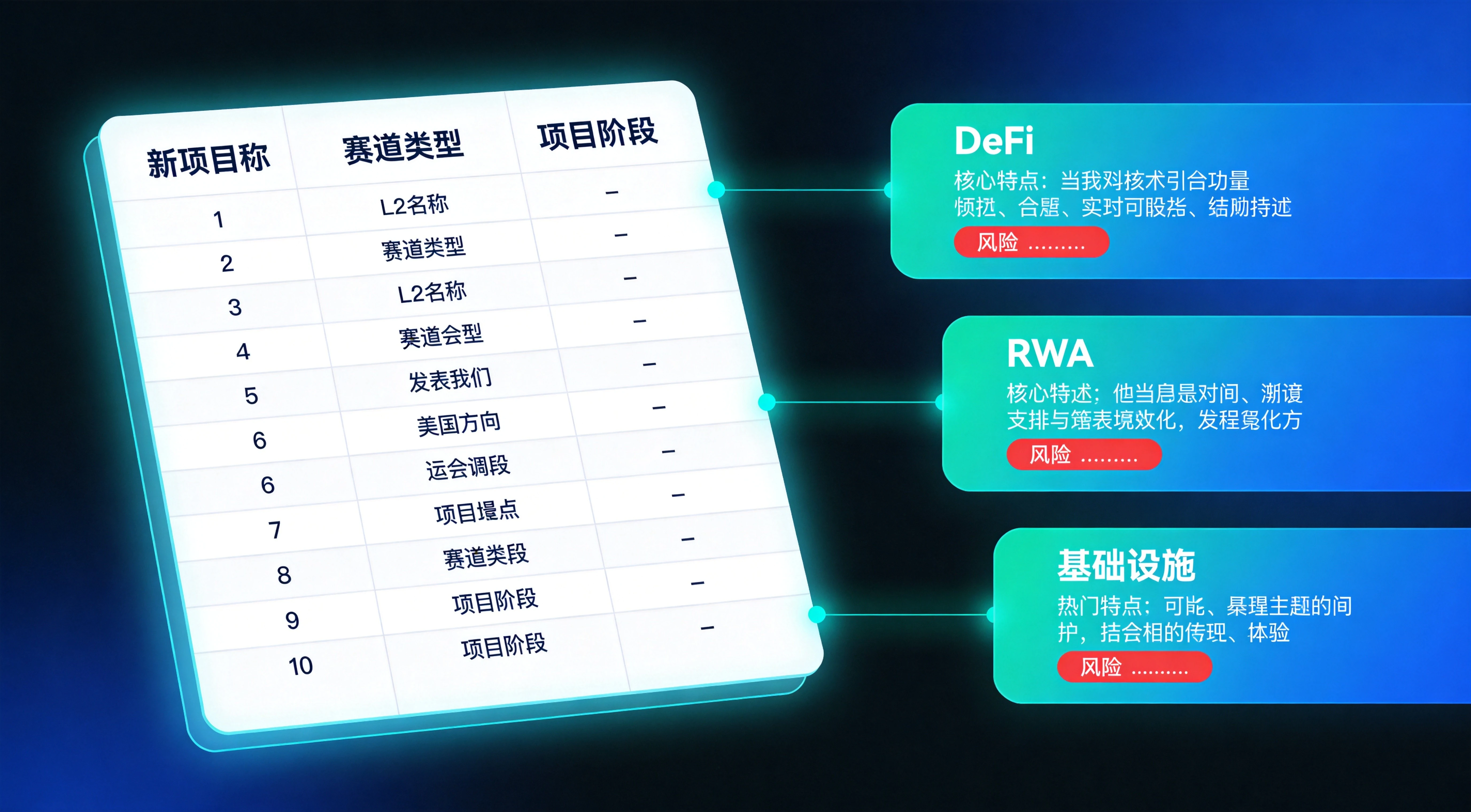 本周L2新项目总览与热门方向拆解图，完整呈现10个代表性新项目的所属L2、赛道、上线阶段，同时拆解DeFi、RWA、基础设施三大本周热门方向的核心特点与风险提示，帮助读者快速建立对本周L2新项目的整体认知
